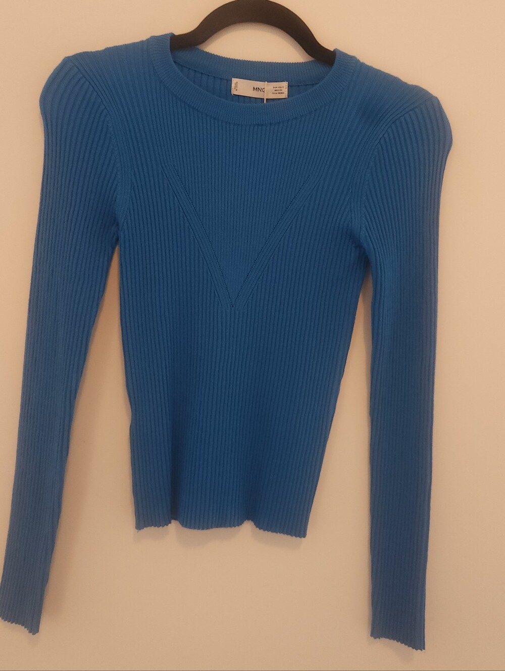 Mango Blue Ribbed Long-Sleeve Crewneck Top